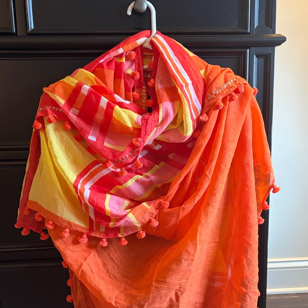Vibrant Orange and Red Scarf with Pom Poms